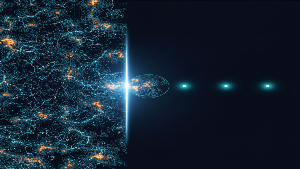 Parameter space exploration visualization showing dense contour fields narrowing to selected high-fidelity refinement points