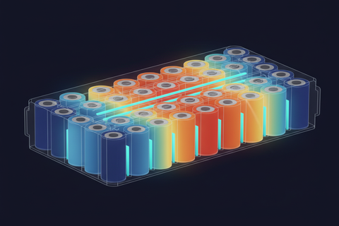 Battery pack cutaway showing cell temperature distribution