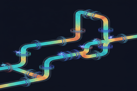 Pipe network with flow velocity and pressure visualization